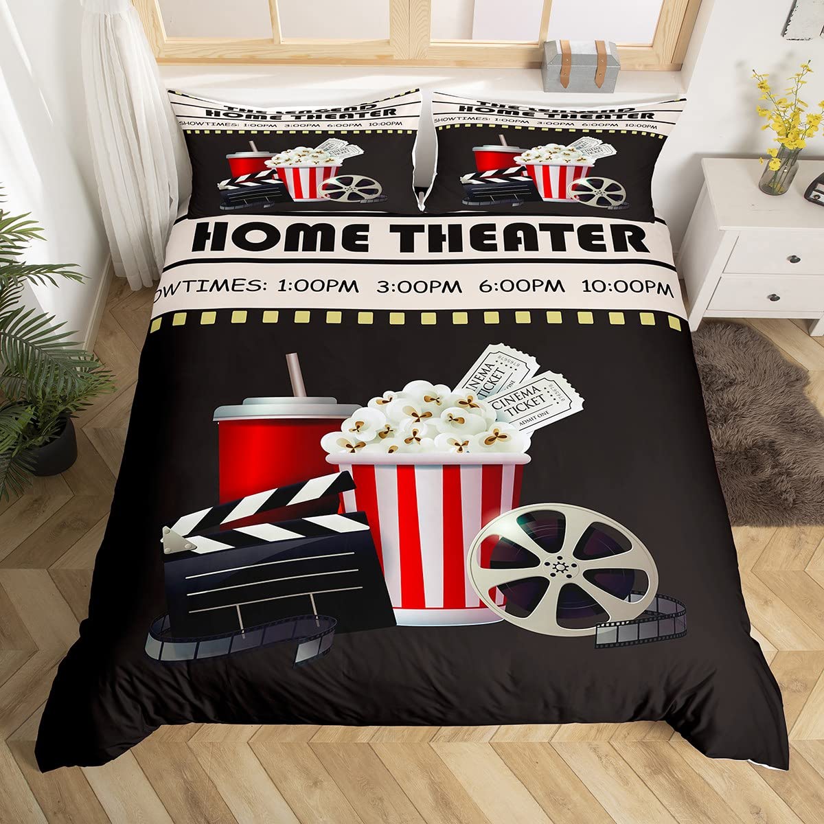 Home Cinema Tickets - ヴィンテージ映画チケット柄布団カバー映画館テーマ寝具セットフィルムストリップホームデコレーション掛け布団カバー子供ティーン寝室装飾