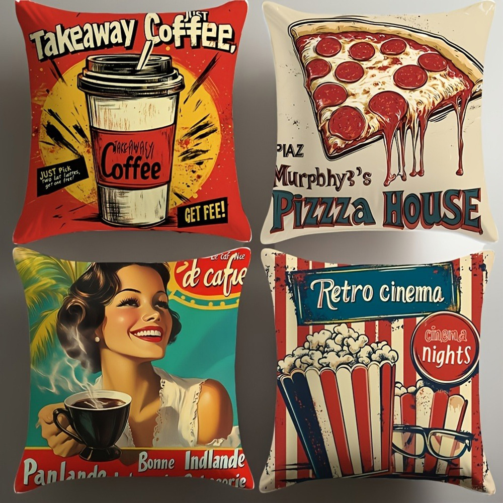 Home Cinema Inspiration - ヴィンテージ風枕カバー：コーヒー、ピザ、レトロな映画館、カフェをテーマにしたユニークな家の装飾ソファクッションカバー