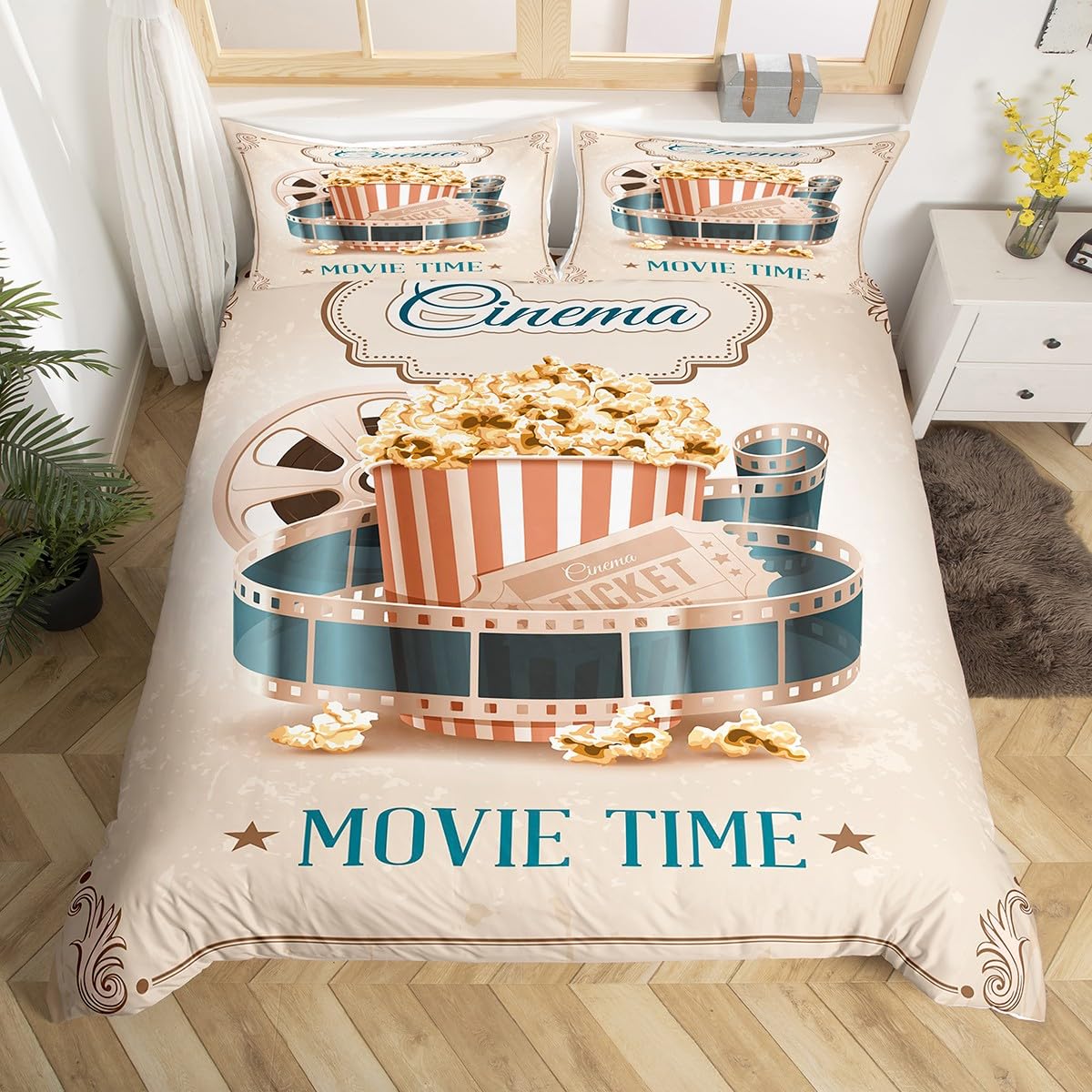 ヴィンテージ映画風布団カバーセット、映画チケットとポップコー - Home Cinema Tickets のレビューと価格