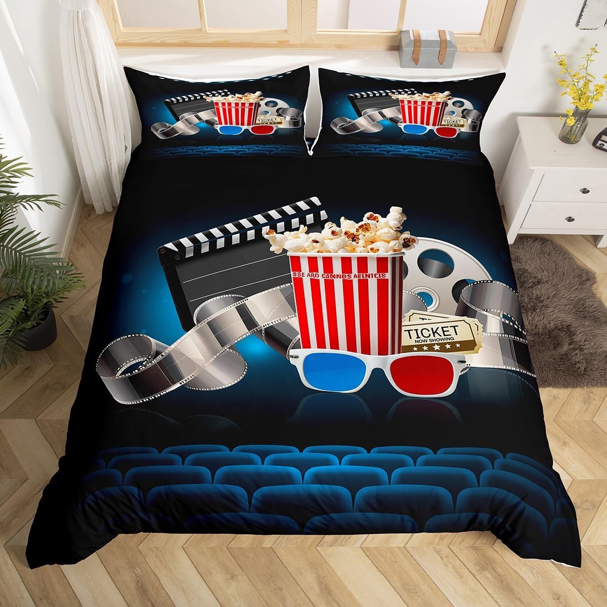 ヴィンテージ映画風布団カバーセット、映画チケットとポップコー - Home Cinema Tickets のレビューと価格