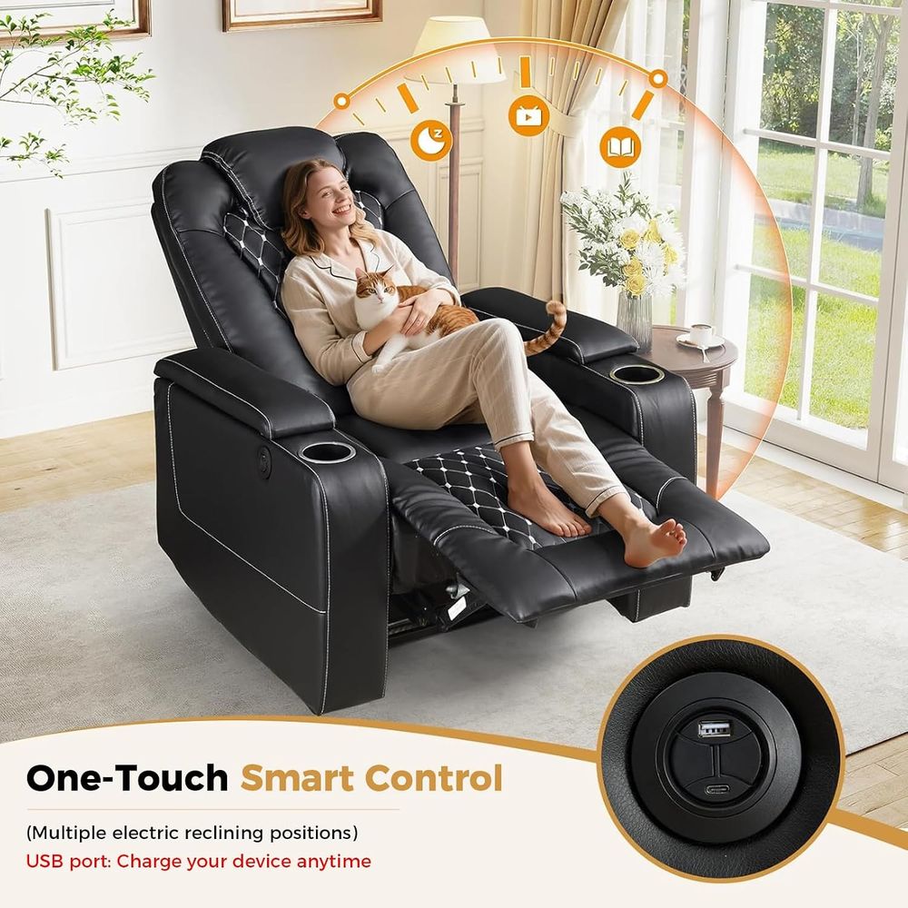 USBポートとカップホルダー付き電動リクライニングチェア - - Home Cinema Couch のレビューと価格