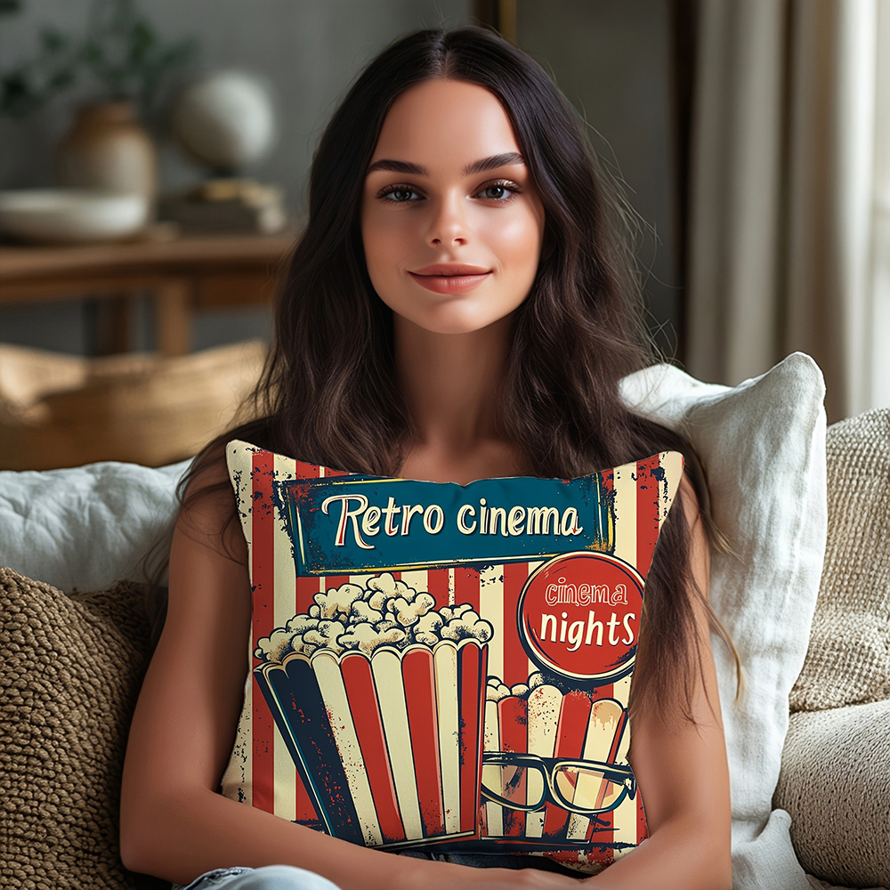 ヴィンテージ風枕カバー：コーヒー、ピザ、レトロな映画館、カフ - Home Cinema Inspiration のレビューと価格
